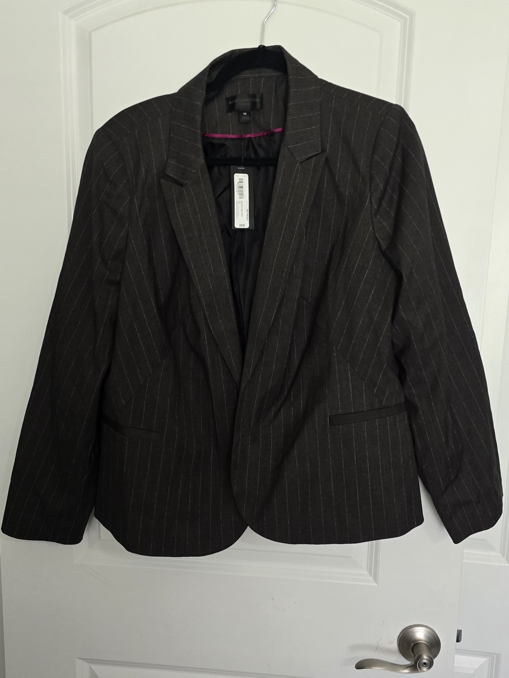 Worthington Dark Gray White Pinstripe Blazer with Pink Trim